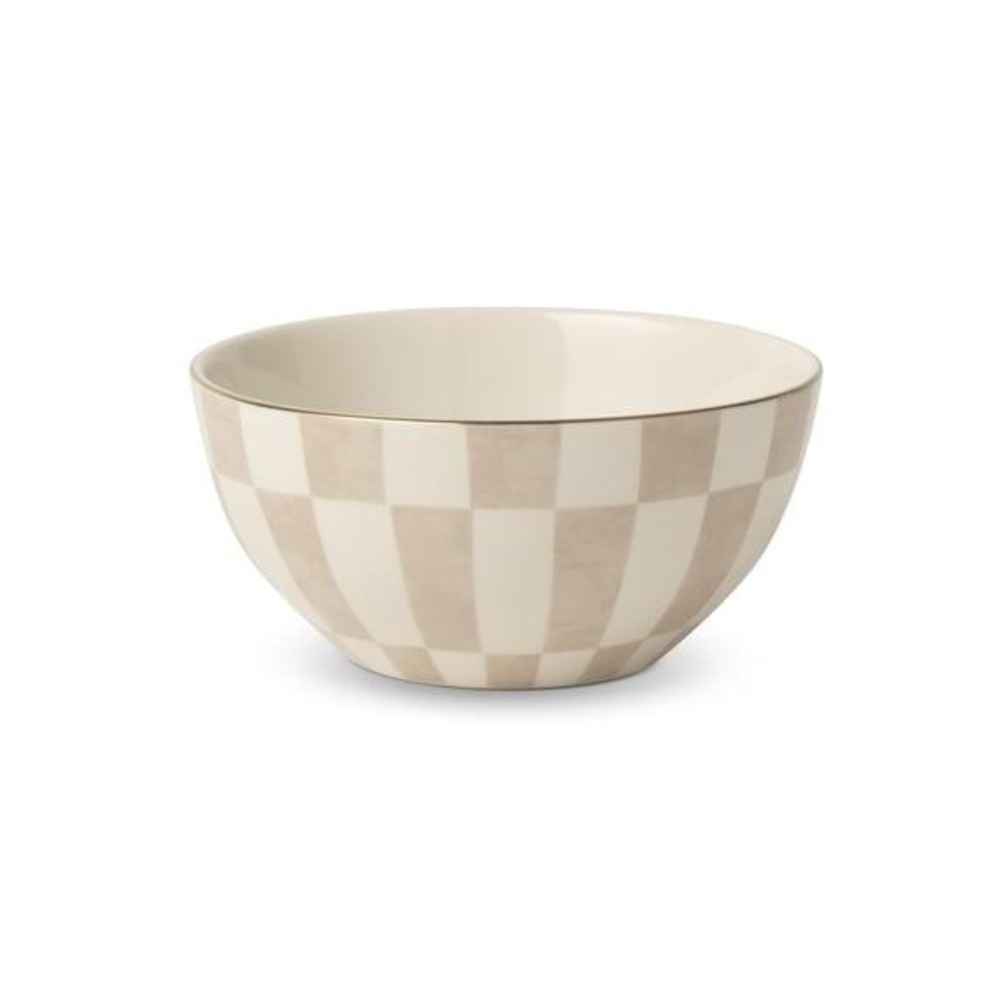 Thyme & Table Celine Ceramic Cereal Bowl - Tan Checkered Gold Rim 28 oz